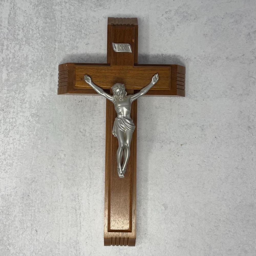 Vintage Walnut‎ Sick Call Crucifix Silver Pewter Metal Corpus